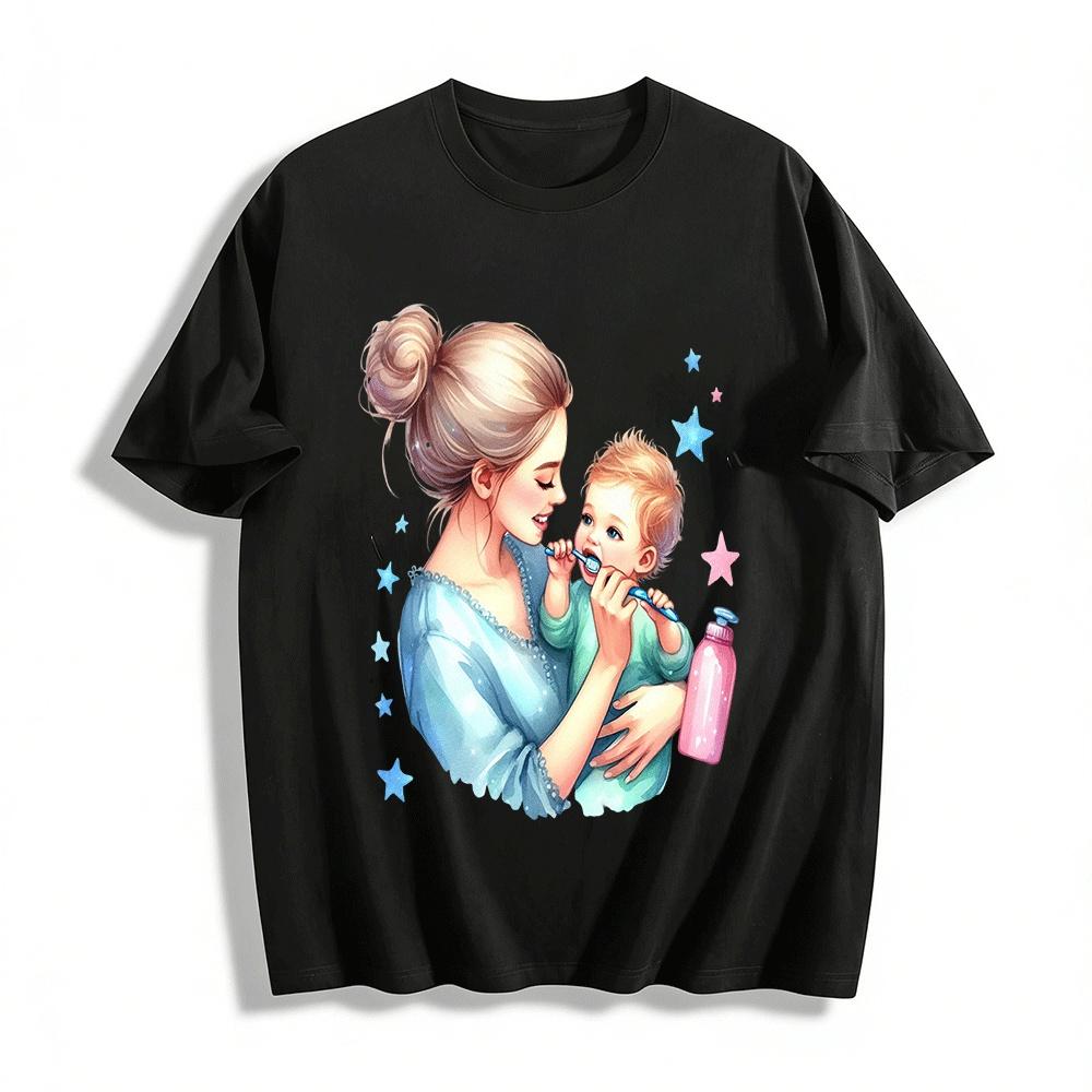 Warm Parent Child Tooth Brushing Print Casual Top For Family Pure cotton T-shirt XXS