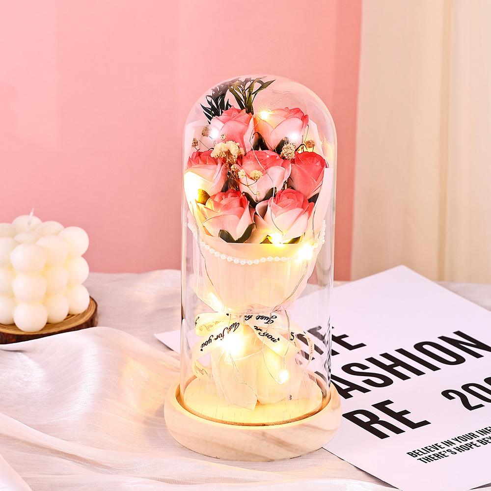 Qixi Festival Valentine's Day Gift Log Base Immortal Rose Glass Cover Creative Soap Flower Gift