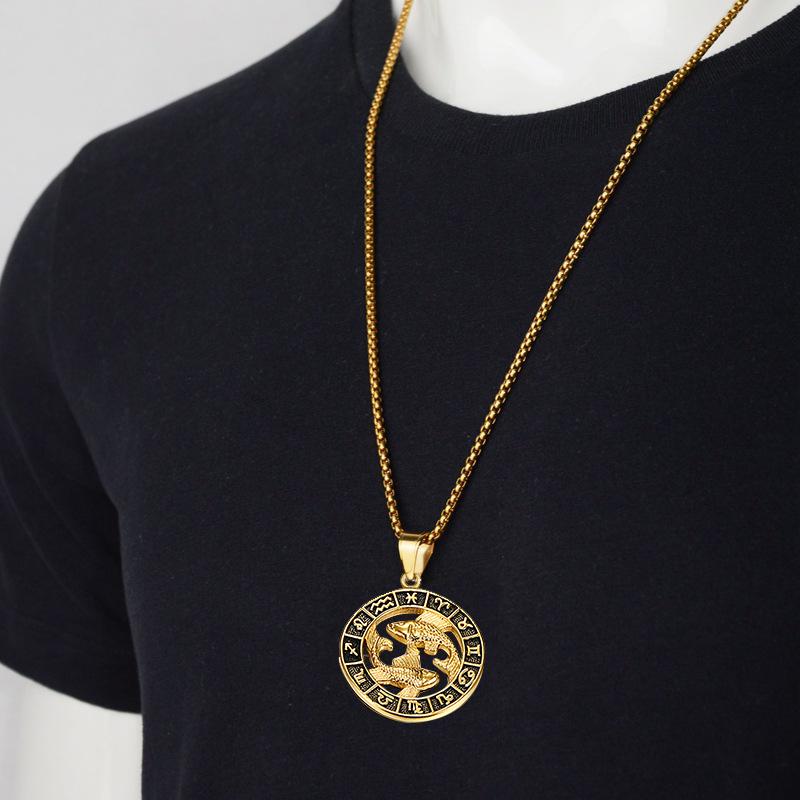 Gold Stainless Steel Zodiac Necklace Leo Scorpio Pendant for Women Men 12 Constellation Round Charm Jewelry Gift
