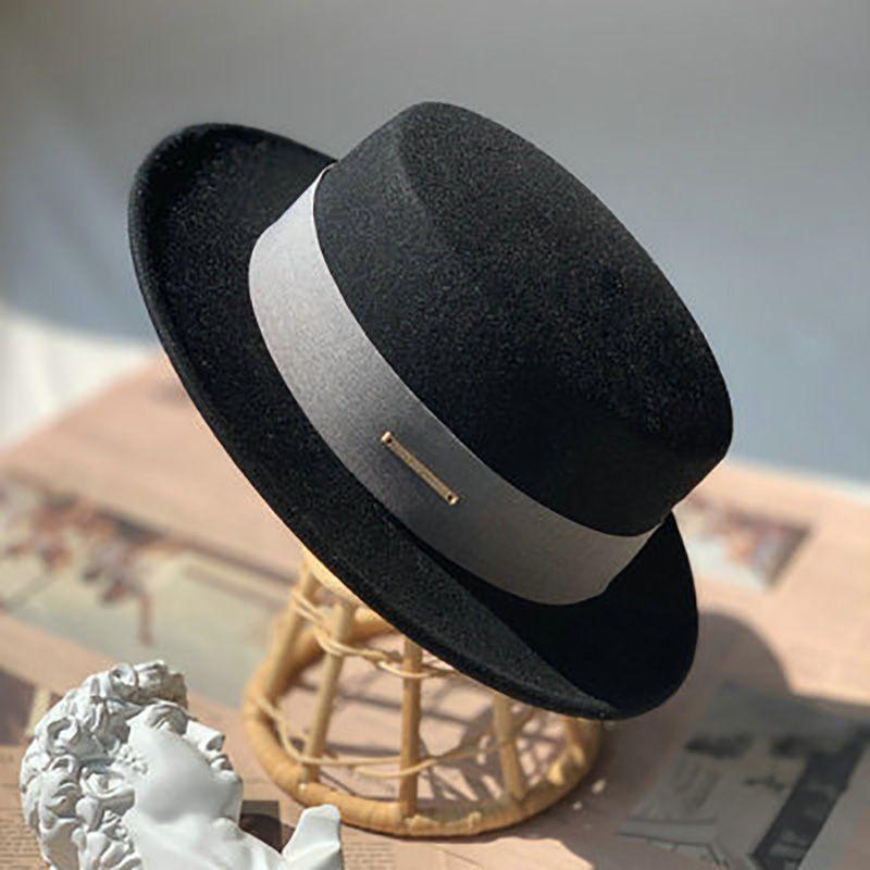 Hat Women's Autumn and Winter Pure Wool Flat-top Flat-brimmed Top Hat British Retro French Elegant Versatile Thermal Hat