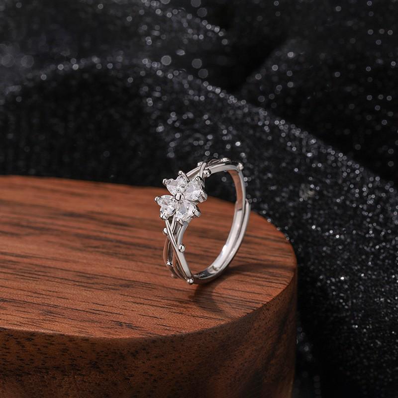 Yumei S999 Sterling Silver Adjustable Four-Leaf Clover Thorns Ring for Women - Vintage Mori Style Statement Piece алмаз/белый