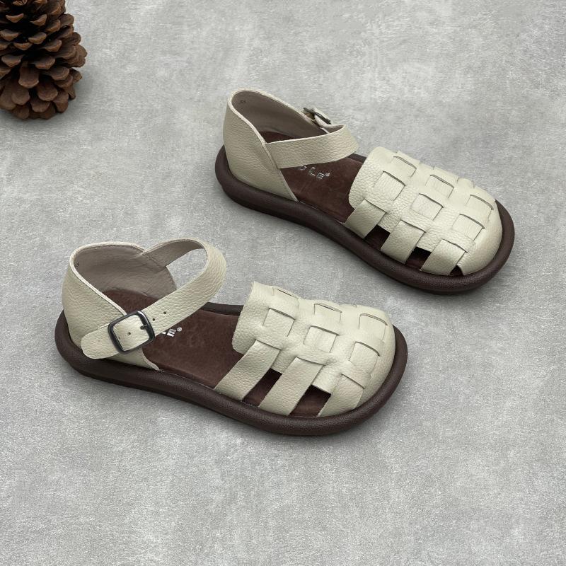 Johnature Soft Cowhide Woven Round Toe Flat Sandals Soft Sole Comfortable Genuine Leather Women's Shoes