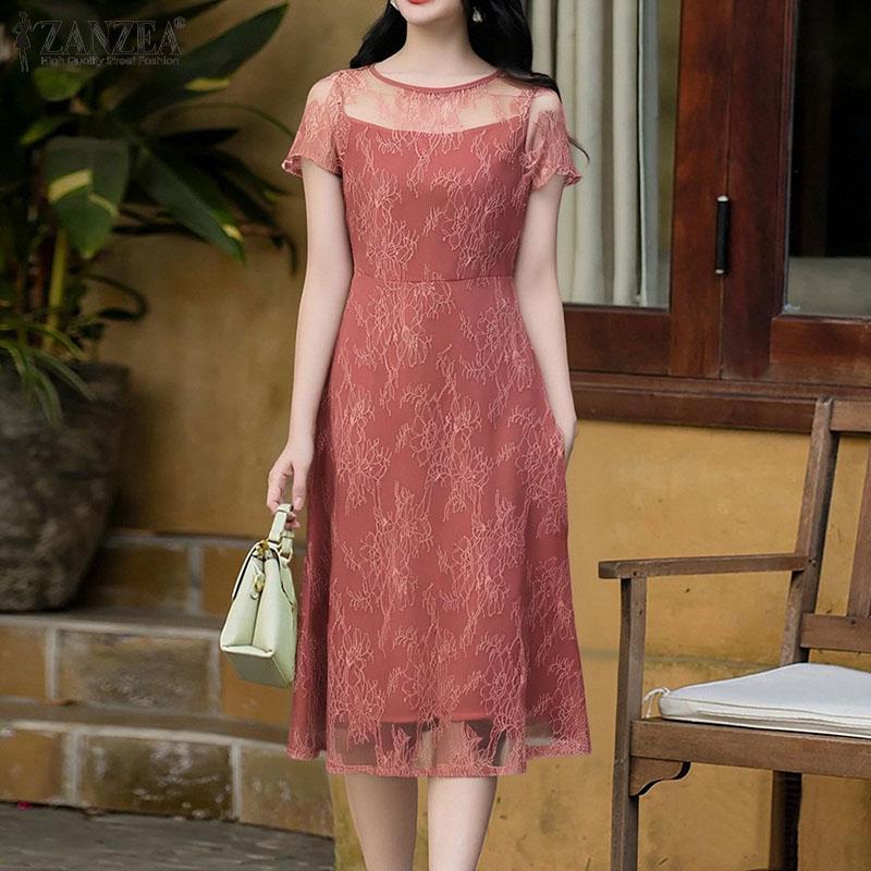 ZANZEA Women Casual Round Neck Summer Short Sleeve Lace Dress