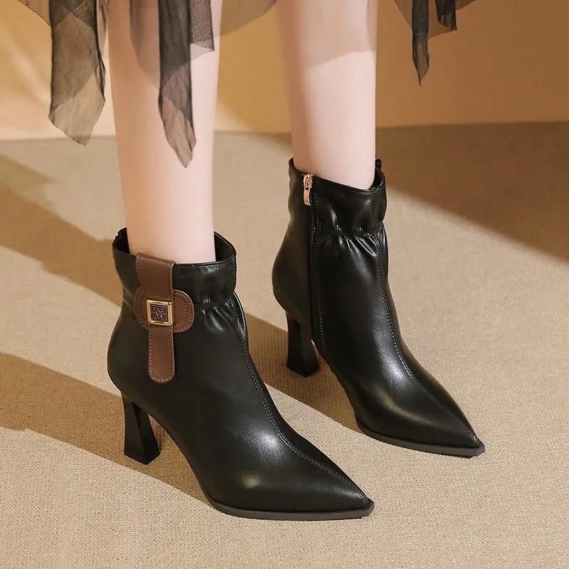 Fashion Women's Slim Heel Cotton Boots Winter New Pointed Side Zipper Metal Buckle Anti-slip Wear-resistant Short Boots