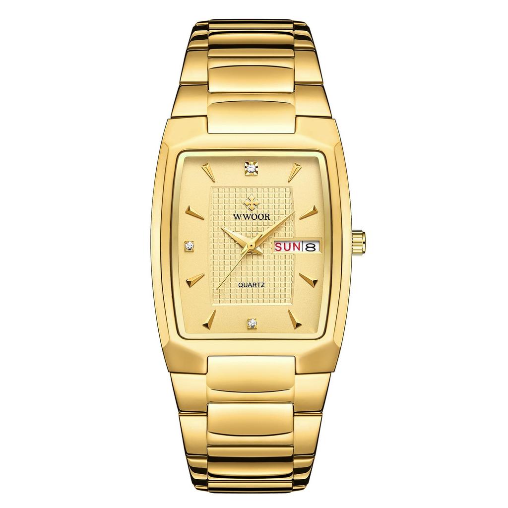 WWOOR Luxury Business Men Watches Gold Quartz Stainless Steel Sport Clock Waterproof Week and Date Wrist Watches