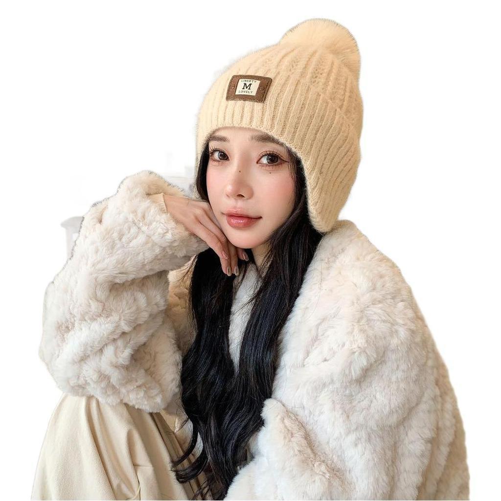 New Autumn and Winter Plush Warm Knitted Hat for Women Sweet and Cute Plus Velvet Ear Protection and Cold Proof Woolen Hat