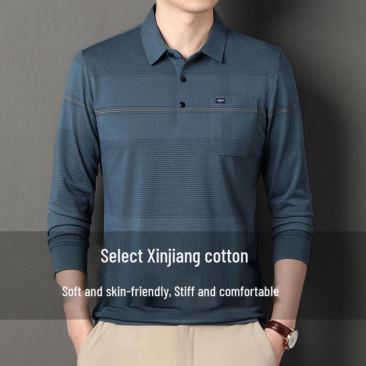 Men's Striped Autumn Cotton Polo - Long Sleeve, Turn-Down Collar, Breathable, Casual Business Shirt