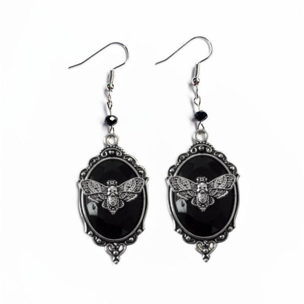 Gothic Retro Sliver Color Geometry Oval Lacework Relief Moth Skull Dangle Earrings for Women Hallowmas Mysterious Witch Jewelry