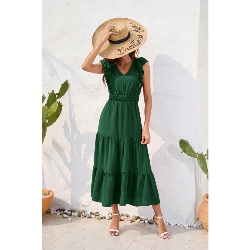 V-Ausschnitt Hohe Taille Langes Kleid Lässig Urlaubsreise