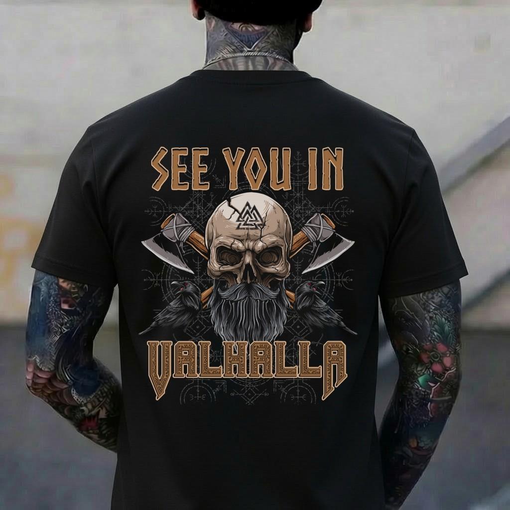 See you in Valhalla Viking King Skull Portrait Raven Pullover T-Shirt S
