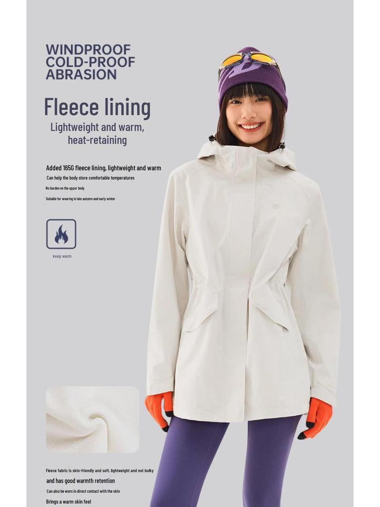 Women's Mid-Length Windproof Waterproof Shell Jacket - Autumn/Winter Outdoor Exploration, Waist-Cinched, Plus Velvet, Single-Layer.