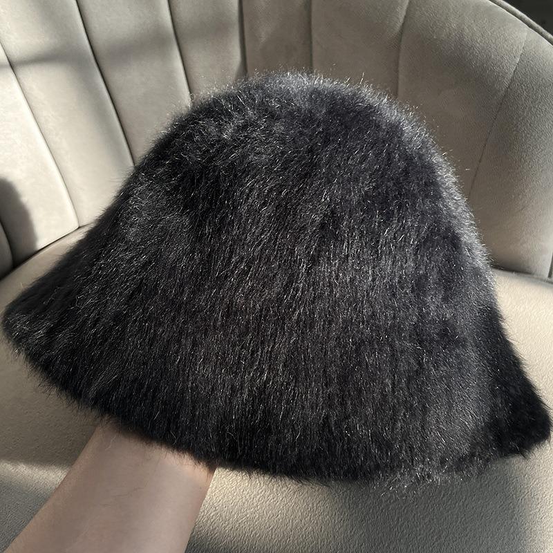 Rabbit Fur Hat Female Winter Big Head Circumference Bucket Hat Showing Face Small Plush Hat Warm Fluffy Bucket Hat