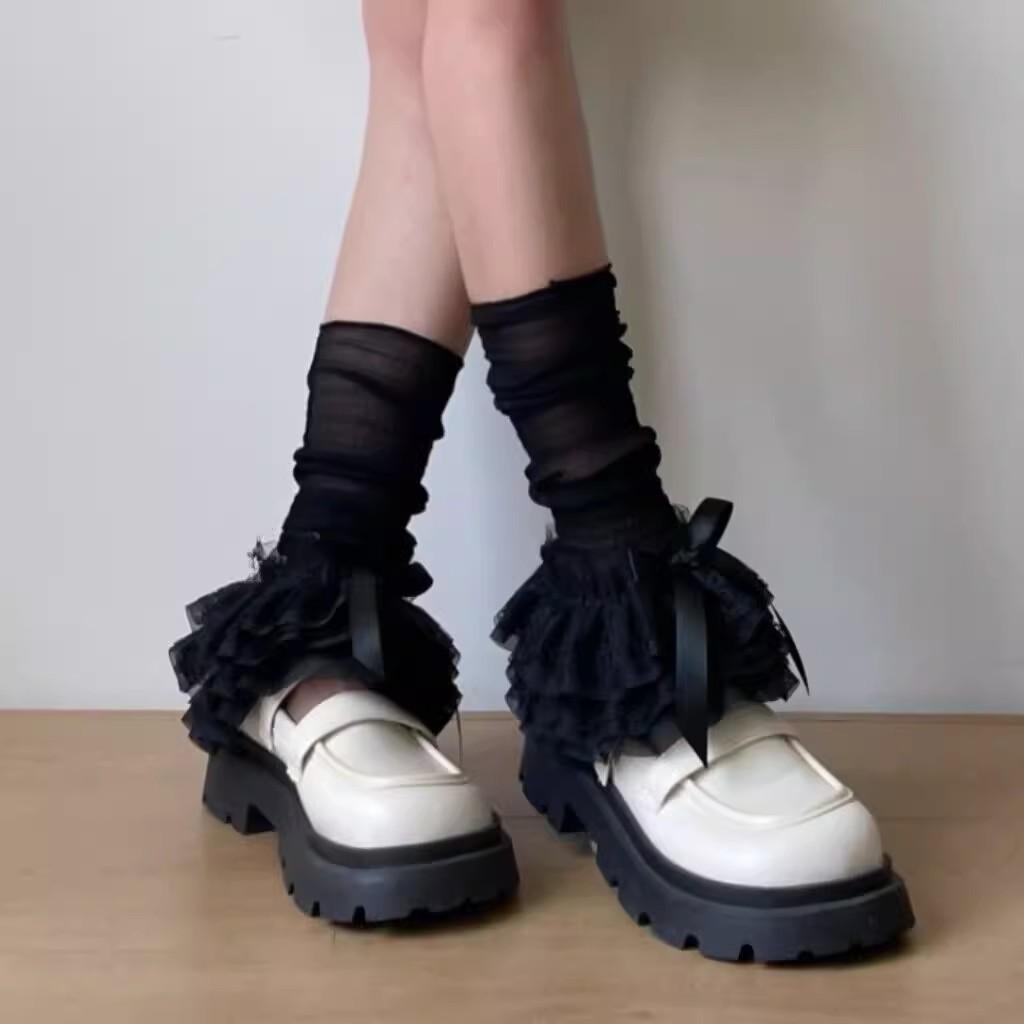 

New Women s Lace Leg Warmers Cute Bows Layered Ruffle Boot Cover Cuffs Y2K Sweet Aesthetic Long Socks Japanese Lolita Gothic One Size чорний