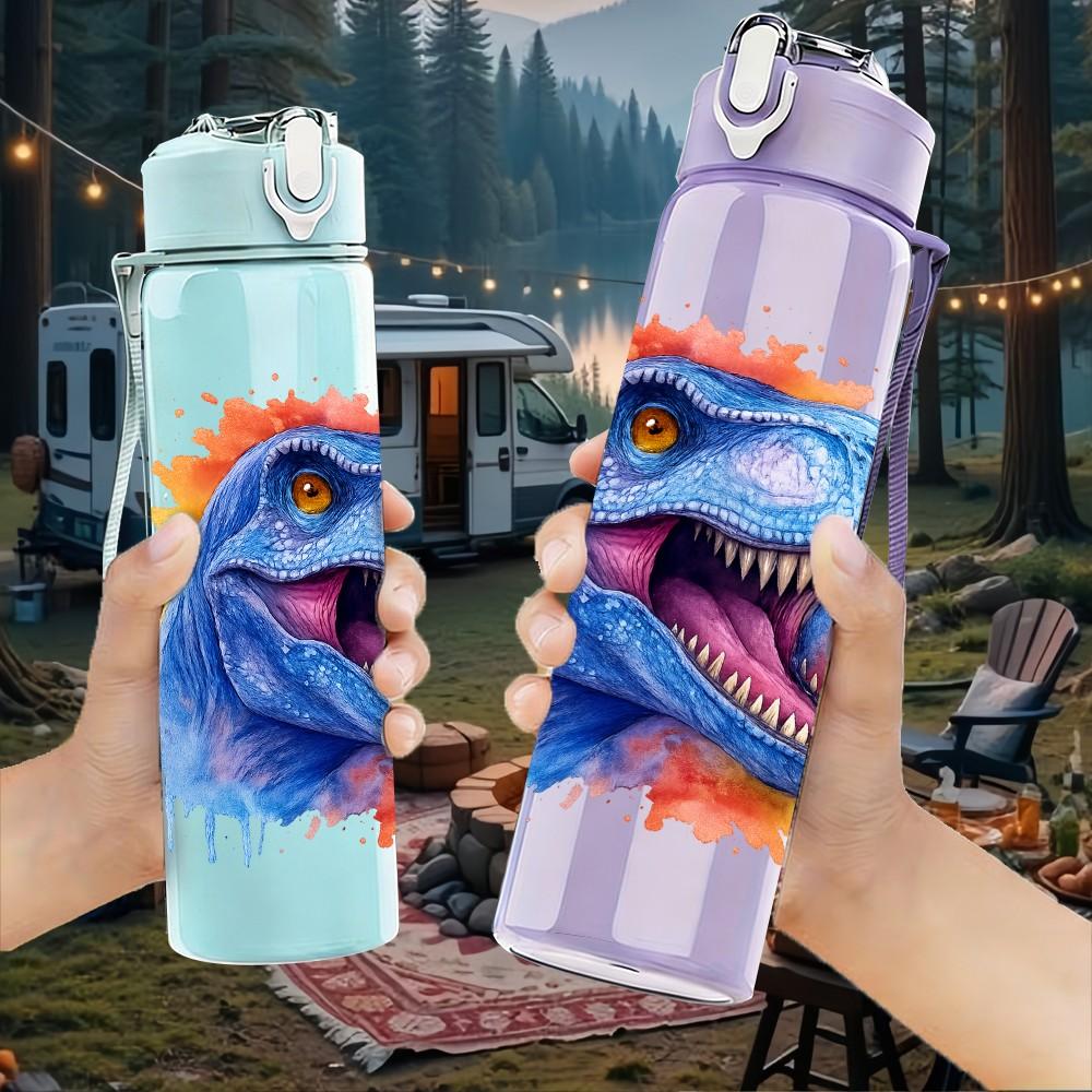 1PC Roaring Blue Dinosaur Head 750ml Color Plastic Sports Water Bottle Leakproof Flip Straw Lid Suitable for Sports Office Home Use