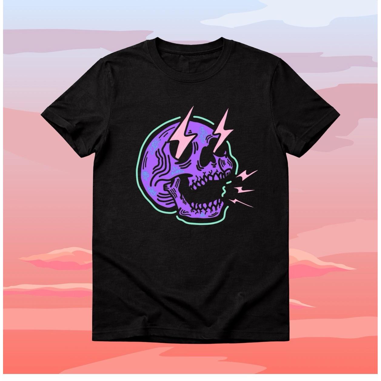 Purple Skull Graphic Black Cotton Unisex T-Shirt Short Sleeve Crew Neck One Size S разноцветный