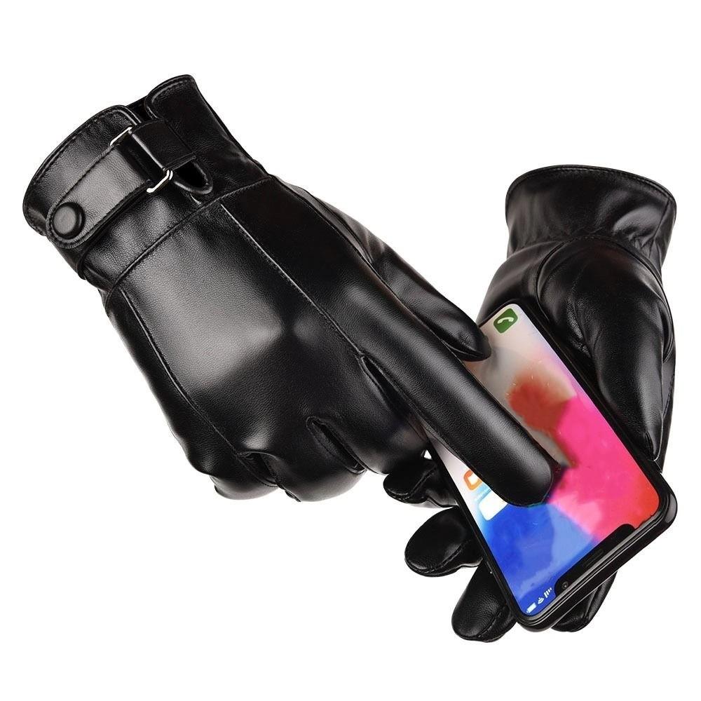 Keep Warm Men's PU Leather Gloves Windproof Motorcycle Full Finger Mittens  Driving