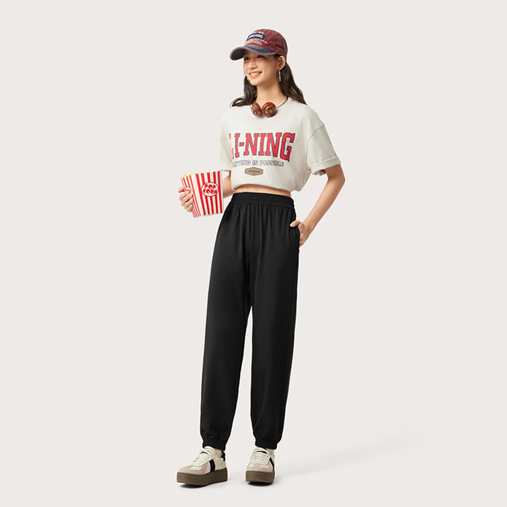 Li Ning Sports Lifestyle Series Solid Color Mid Waist Breathable Versatile Jogger Knit Sports Pants Women bottoms Black AKLV202-2