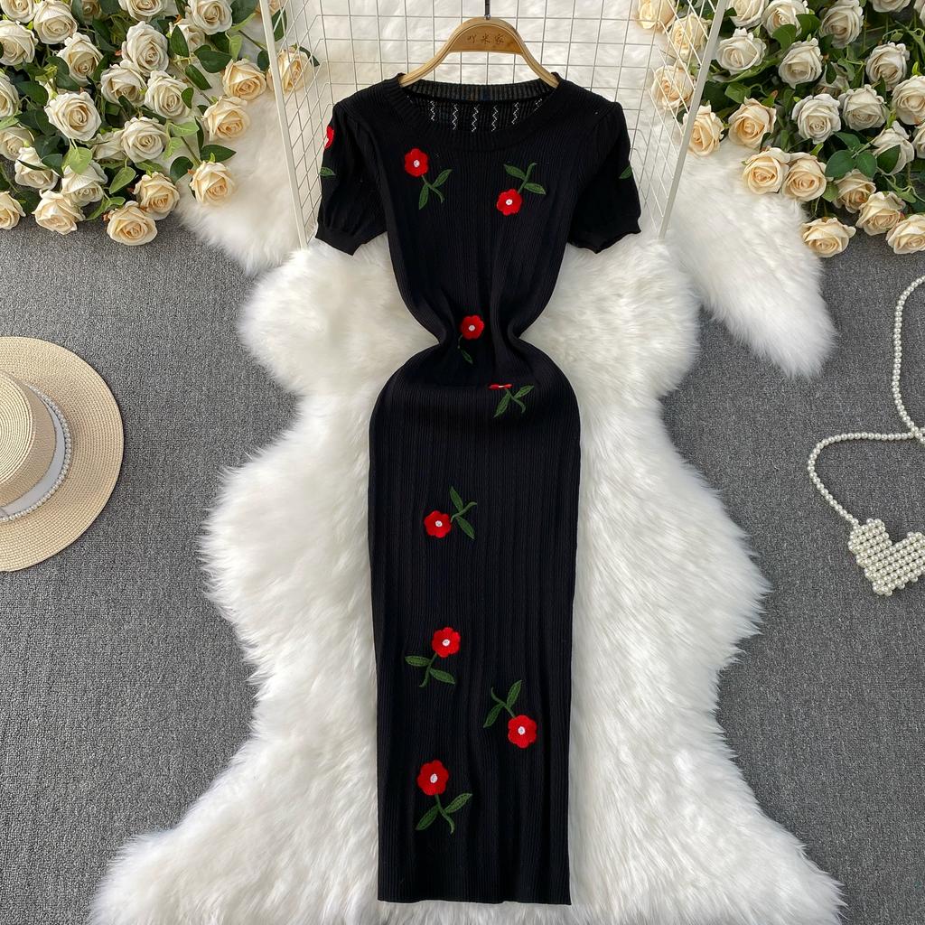 Summer Women Vintage Puff Sleeve Embroidery Rose Flower Office Party Knitted Sweater Slim Bodycon Sheath Pullover Dresses