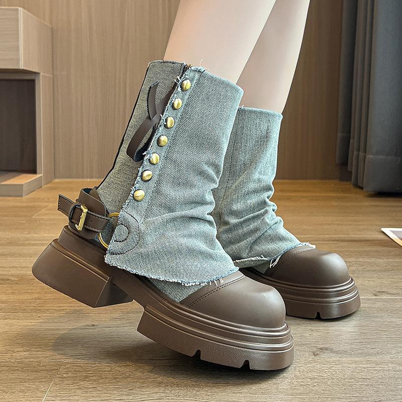 Niche design jeans tube boots women's 2025 Korean version doll head heightening fashion boots versatile medium boots short boots