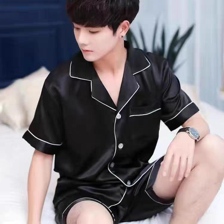 Ice Silk Pajamas Men's Summer Thin Cardigan Short-sleeved Shorts Youth Home Service Suit Simulation Silk