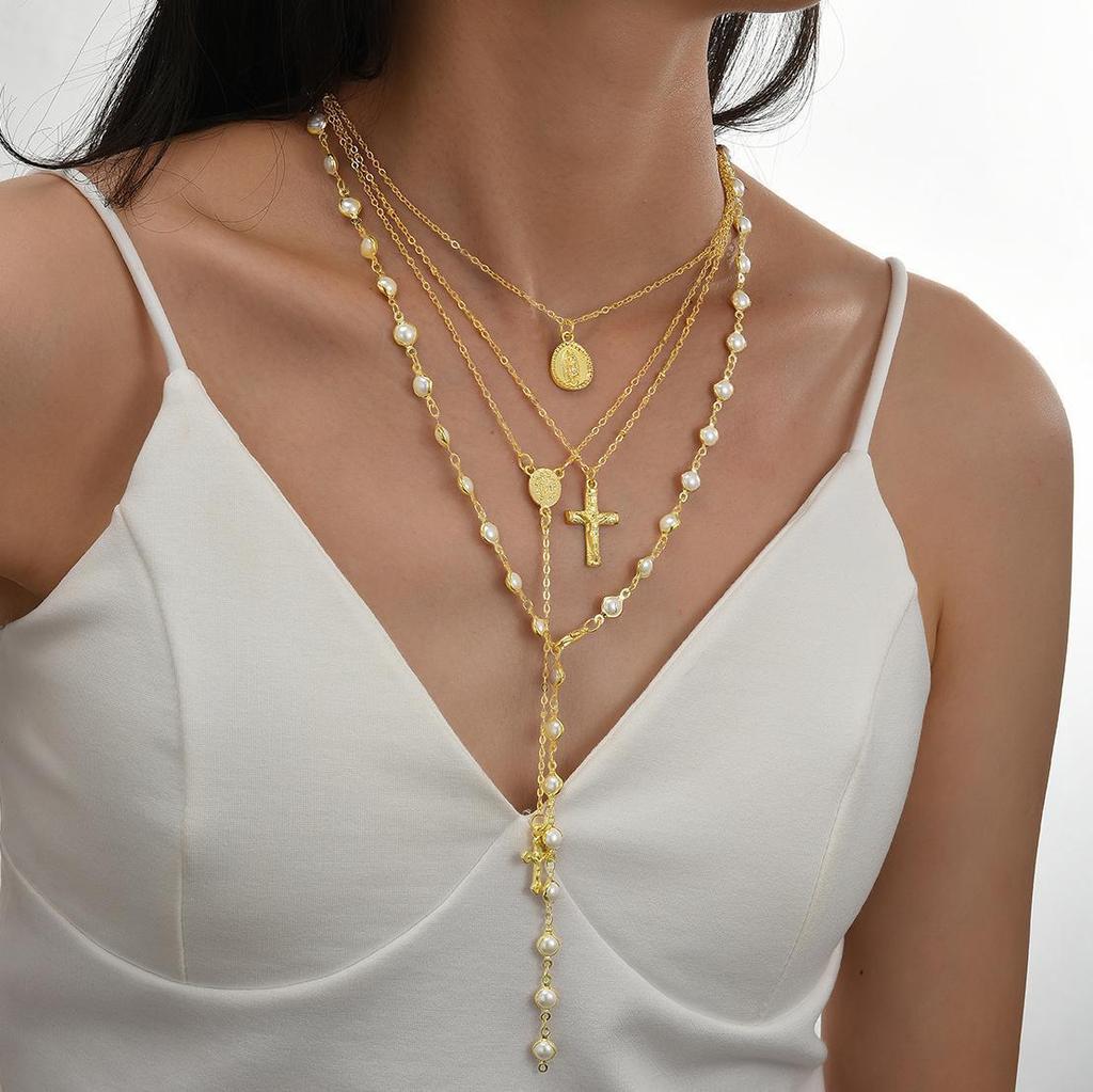 4 Pcs Simple Zircon Pearl Design Pendant Choker Necklace Set for Women Vintage Colorful Crystal Long Y-shaped Necklaces Jewelry