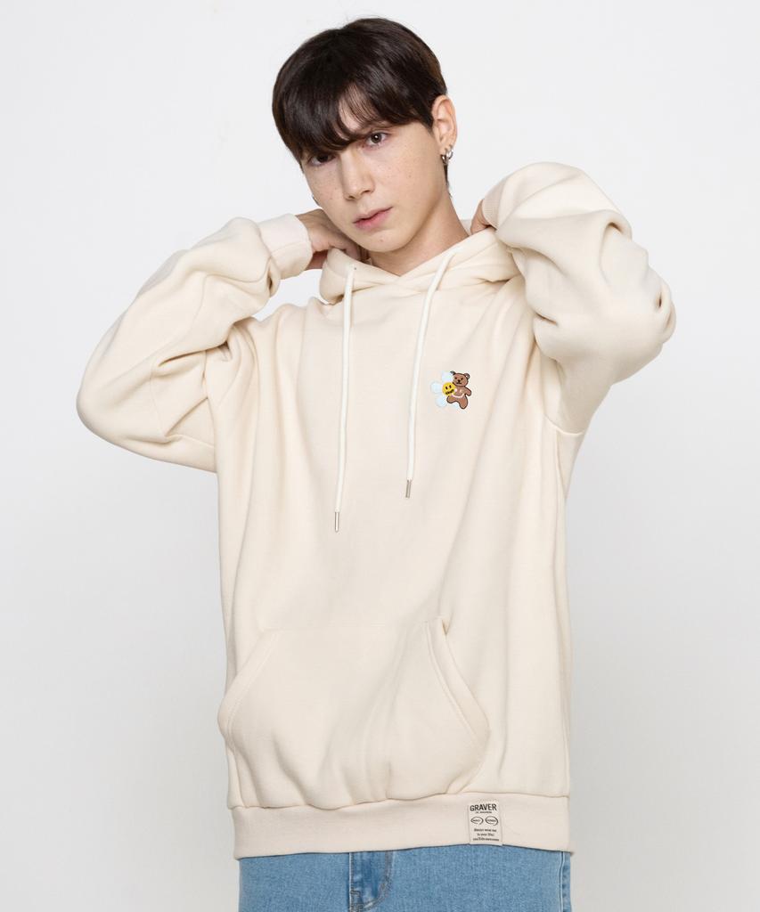 [Unisex] Flower Bear Embroidered Smile Hoodie_Cream