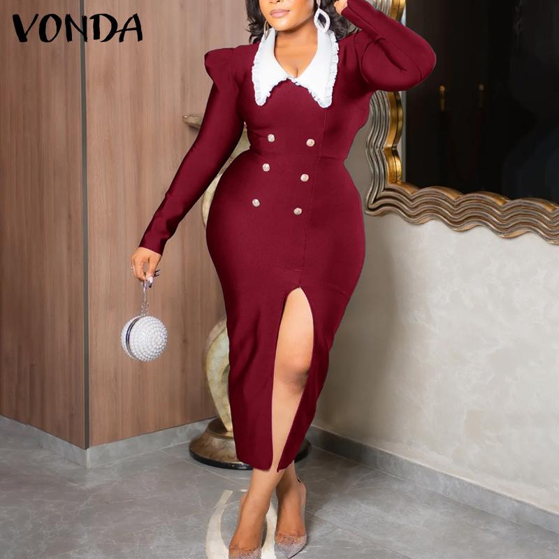 VONDA Women Vintage Lapel Long Sleeve Tight Waist Hip Dresses