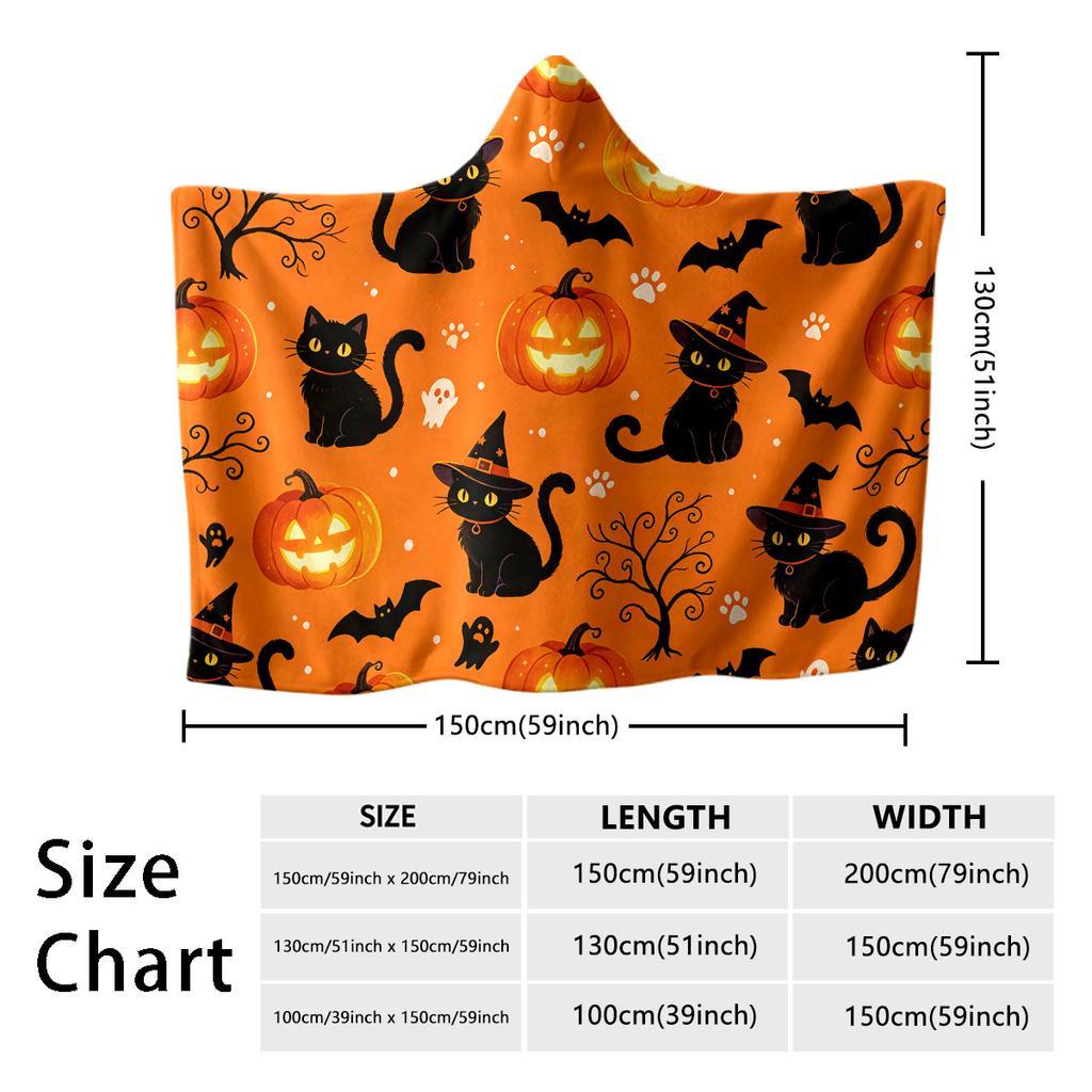 1pc Halloween black cat pumpkin bat print hooded blanket flannel hoodie, wearable cape blanket, soft and casual blanket