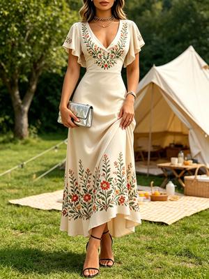 Summer Women's Off-White Floral Embroidered Print V Neck Flutter Sleeve A-Line Maxi Dress Picnic Dress
