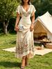 Zomer Dames Off-White Bloemen Borduurprint V-hals Pofmouwen A-lijn Maxi Jurk Picknickjurk