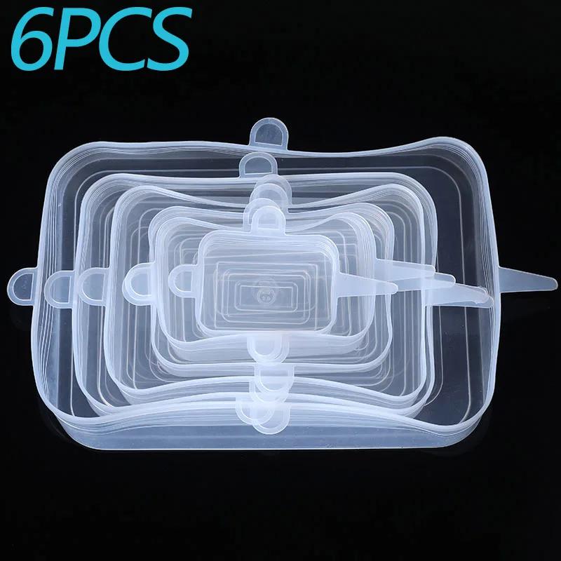 6PCS Food Cover Adjustable Elastic Silicone Cap Reusable Kitchen Utensil Storage Airtight Food Packaging Lids Accessories