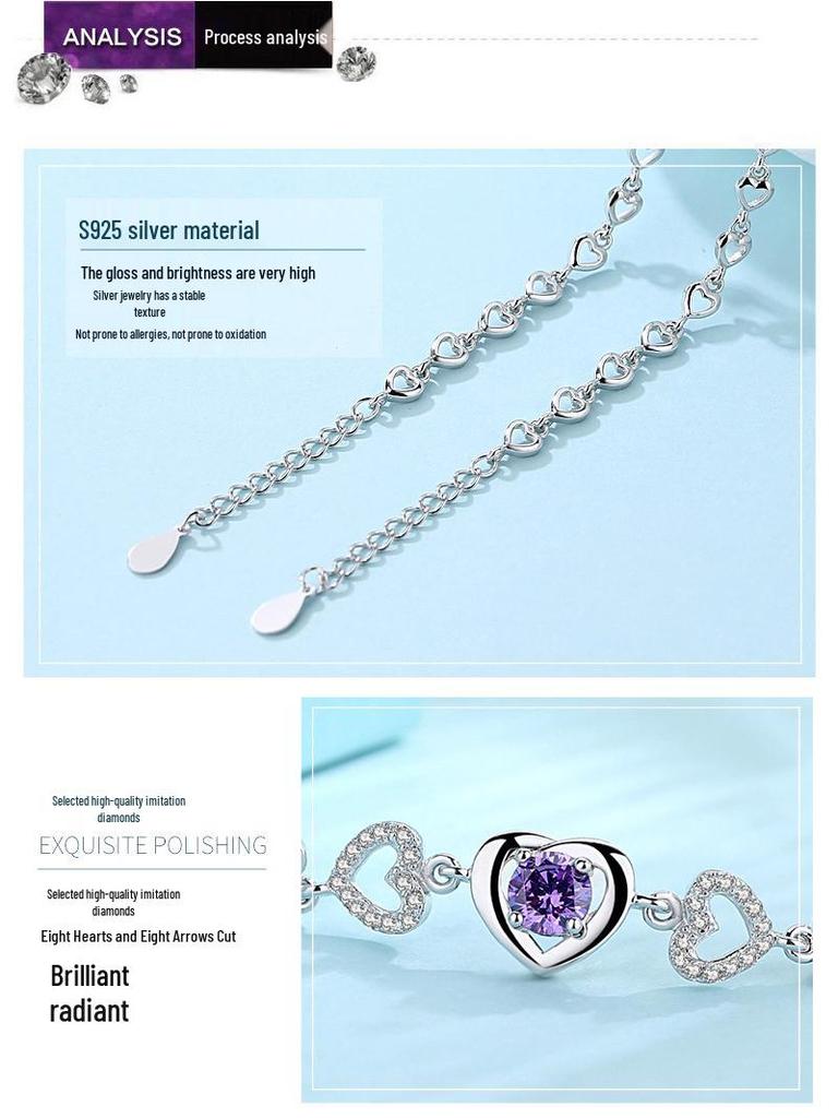 Zhenrong 925 Silver Heart Bracelet with Purple & White Diamonds