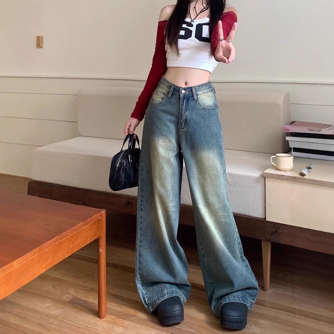 

Retro Blue 2025 Women s High-Waisted Wide-Leg Jeans - Loose, Drapey, Washed, Versatile Mop Pants S