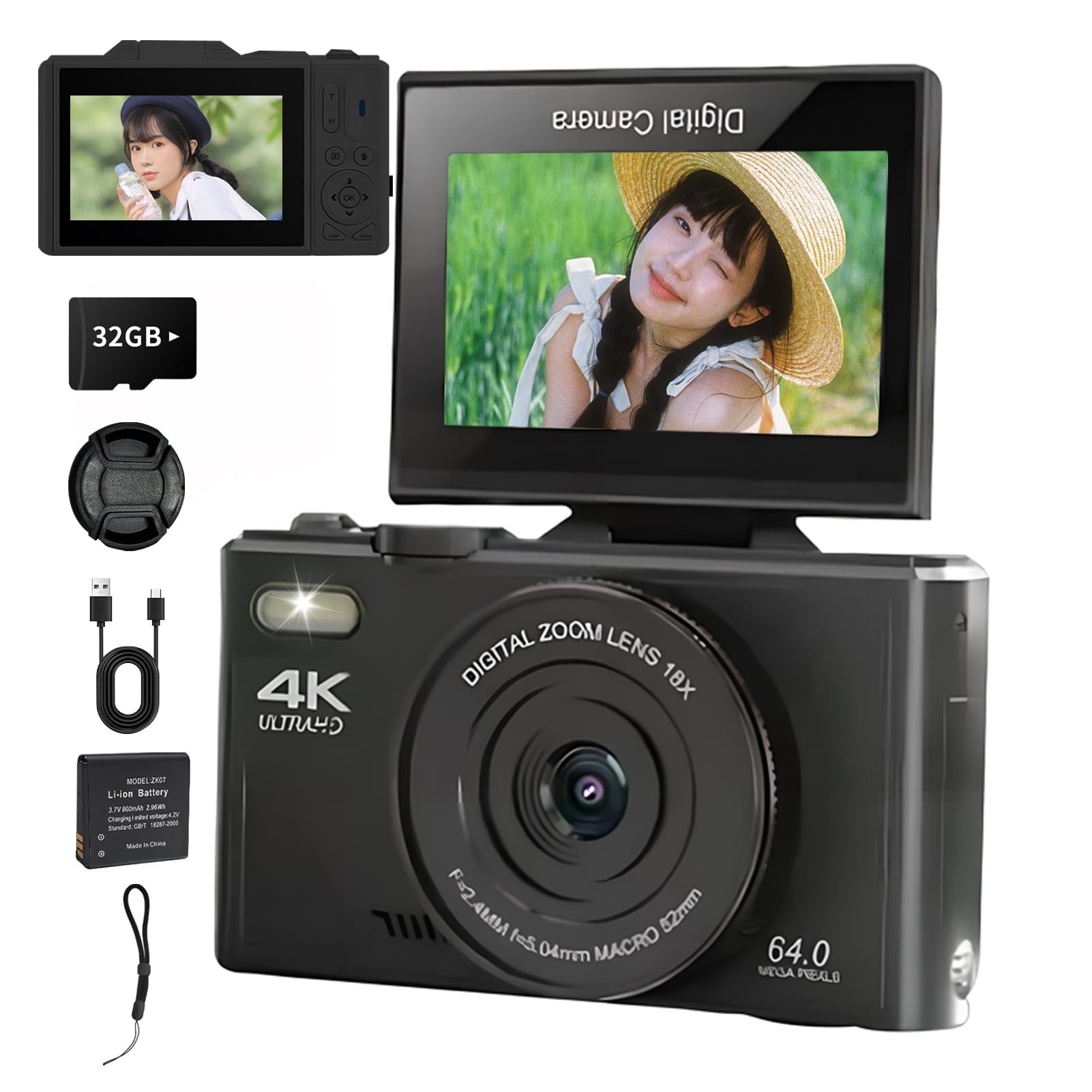 

18x Zoom, 4K Video Recording, Wi-Fi Compatible, Selfie, Smartphone Transfer, 180° Rotating Screen, Video Camera, AF Function, Image Stabilization,