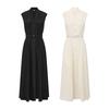 New Spring/Summer Vintage Lace-Panel Sleeveless Maxi Dress for Women Elegant V-neck Single-breasted Belt Slim A-line Party Dress