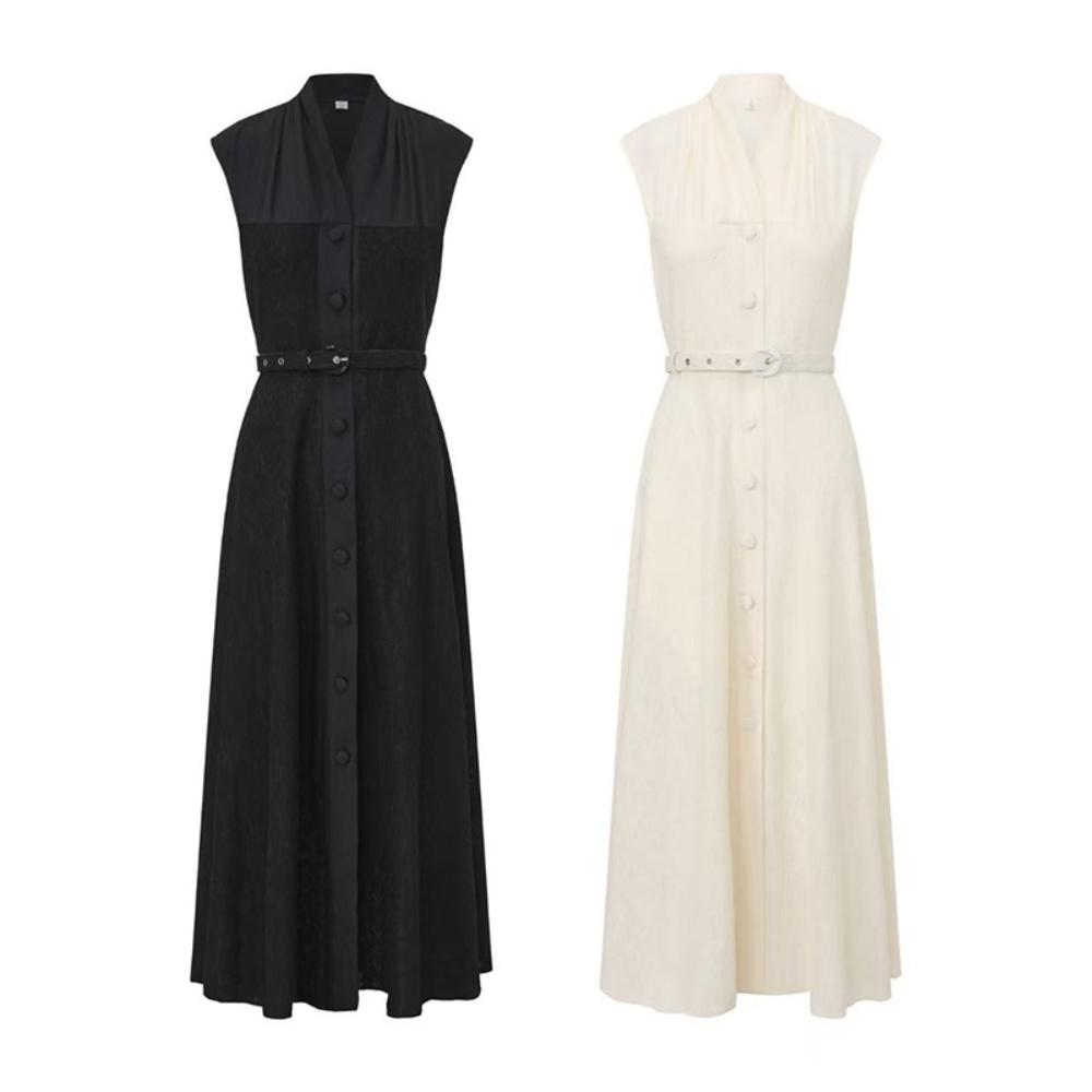 New Spring/Summer Vintage Lace-Panel Sleeveless Maxi Dress for Women Elegant V-neck Single-breasted Belt Slim A-line Party Dress