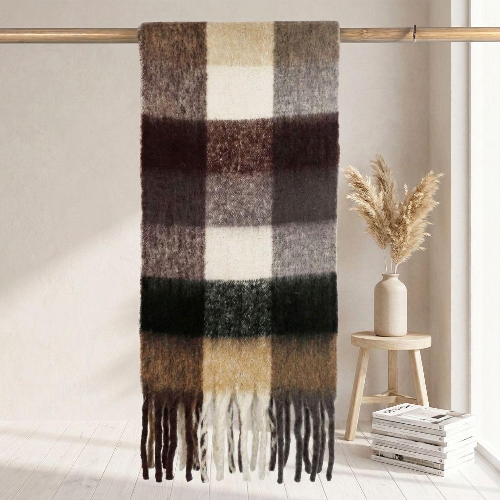 Women's High-Grade Colorful Plaid Mohair Scarf - Thick, Warm, and Versatile for Winter