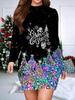 2025 Podzim a Zima Nové Dámské Šaty obepínající boky, 3D Vánoční Tisk a Barvení Dámská Móda Dlouhý Rukáv Kulatý Výstřih Sexy Šaty obepínající boky
