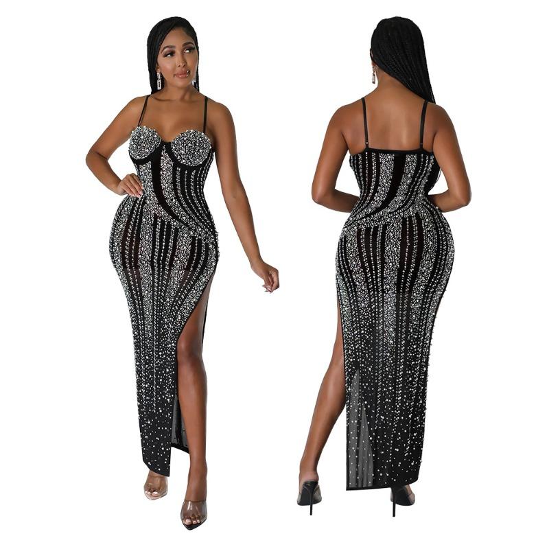 Women's Celebrity Nightclub Party Sexy Suspenders Split Hot Diamonds Dresses