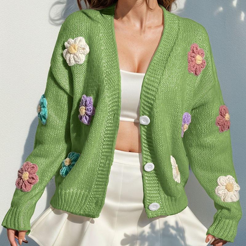 Dam Höst Vinter Söt Stickad Kofta Långärmad Knäppning Lös Varm Tröja Blomtryckt Öppen Framsida Kappa