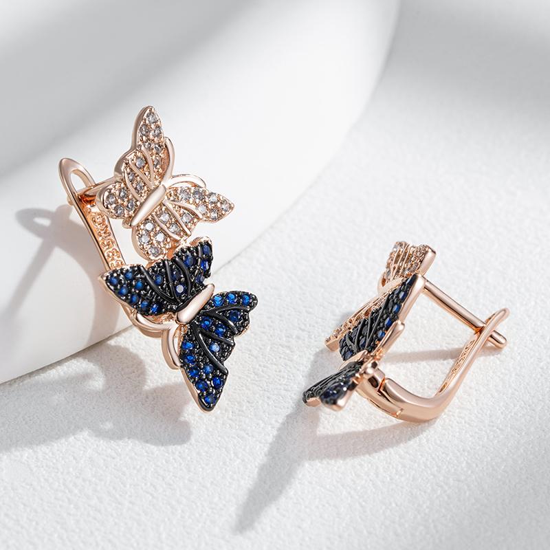 Kinel Hot Blue Natural Zircon Two Butterfly Drop Earrings For Women 585 Rose Gold and Black Plating Animal Daily Punk Jewelry