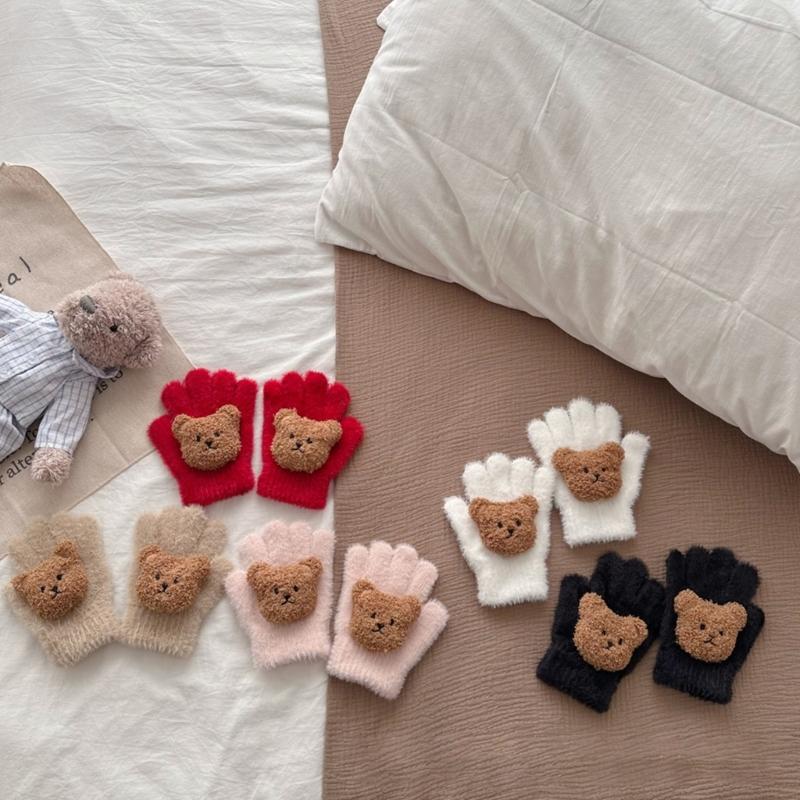 Stylish Fleece Baby Gloves Comfortable Winter Mittens with Lovely Bear Pattern Elastic Handwear Suiatble for Children