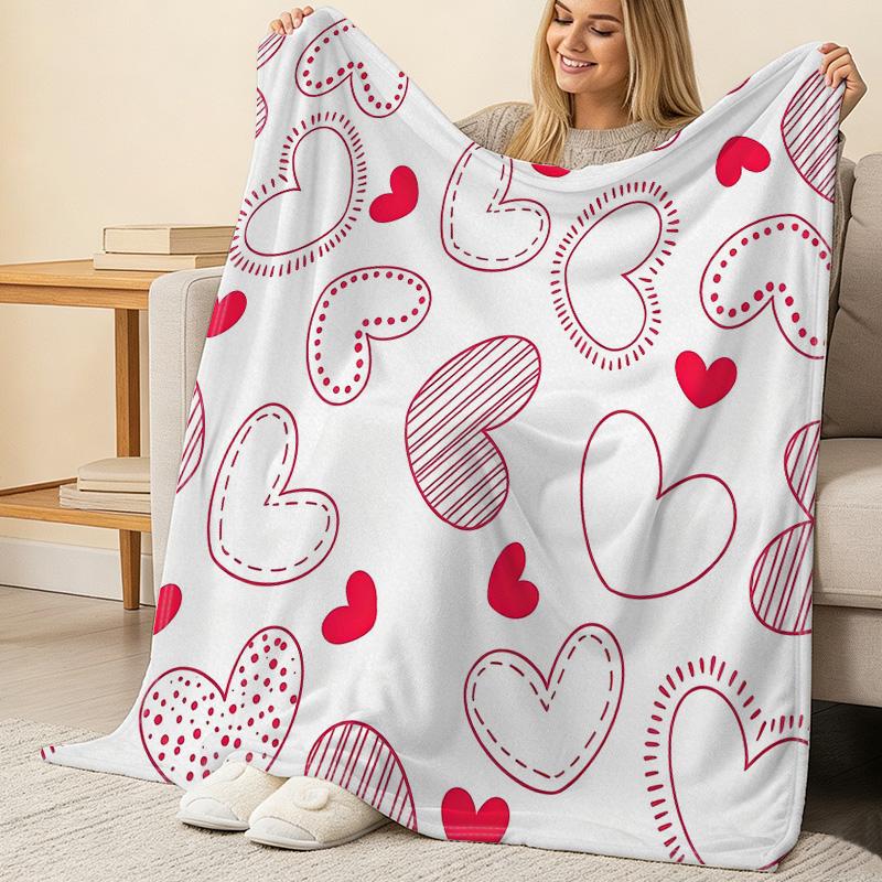 Flannel Fleece Blanket Soft Breathable Heart Pattern, Cozy All Season Home Office Blanket, Valentines Day Gift