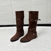 5 Cm Heightened Belt Buckle Maillard Boots Women's 2025 New Retro Round Head Pleated Suede Knight Boots