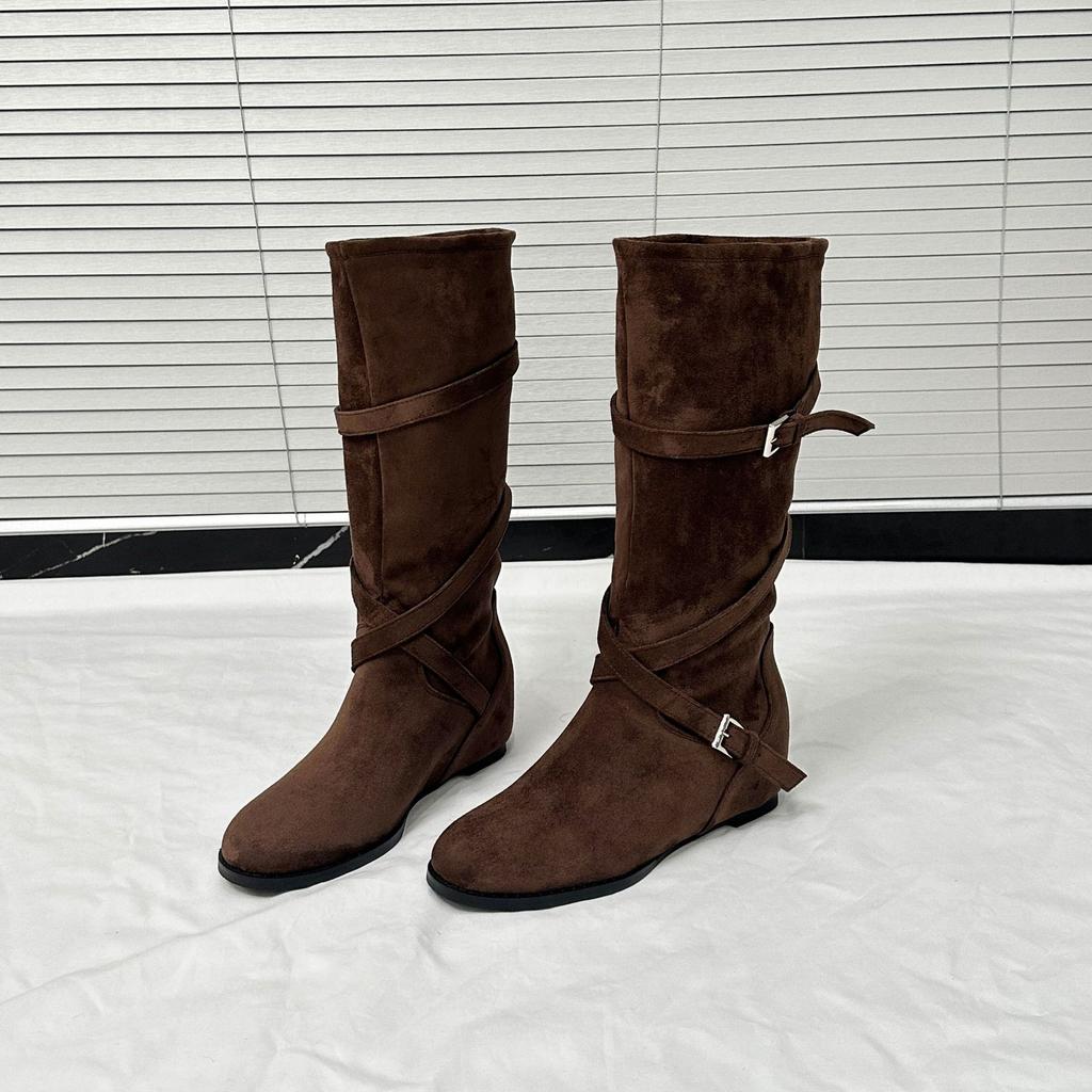 5 Cm Heightened Belt Buckle Maillard Boots Women's 2025 New Retro Round Head Pleated Suede Knight Boots
