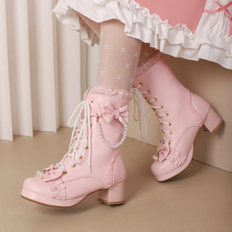 

Оригинальные Лолита Сладкий Бисерный Бант Полусапожки Мода Толстый Каблук Платформа Полусапожки Женские Большого Размера Ботинки Мартин 39 розовый