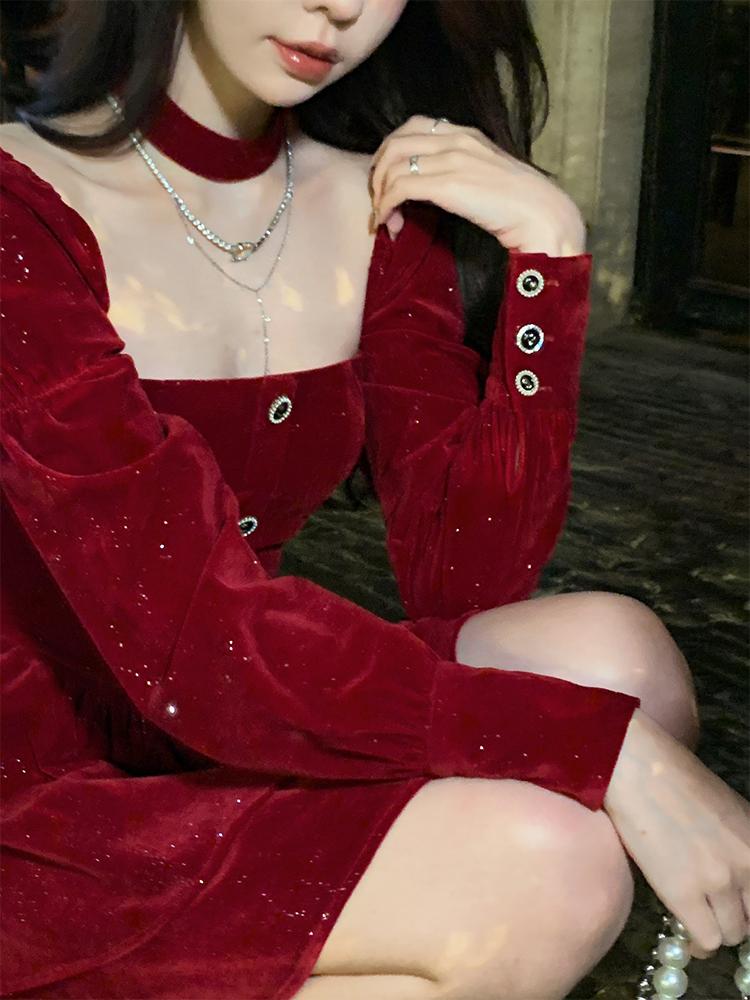 Weihnachtsrot Elegantes Samtkleid Damen Frankreich Designer Vintage Minikleid Weiblich Koreanische Mode Party Y2k Kleid Winter 2026