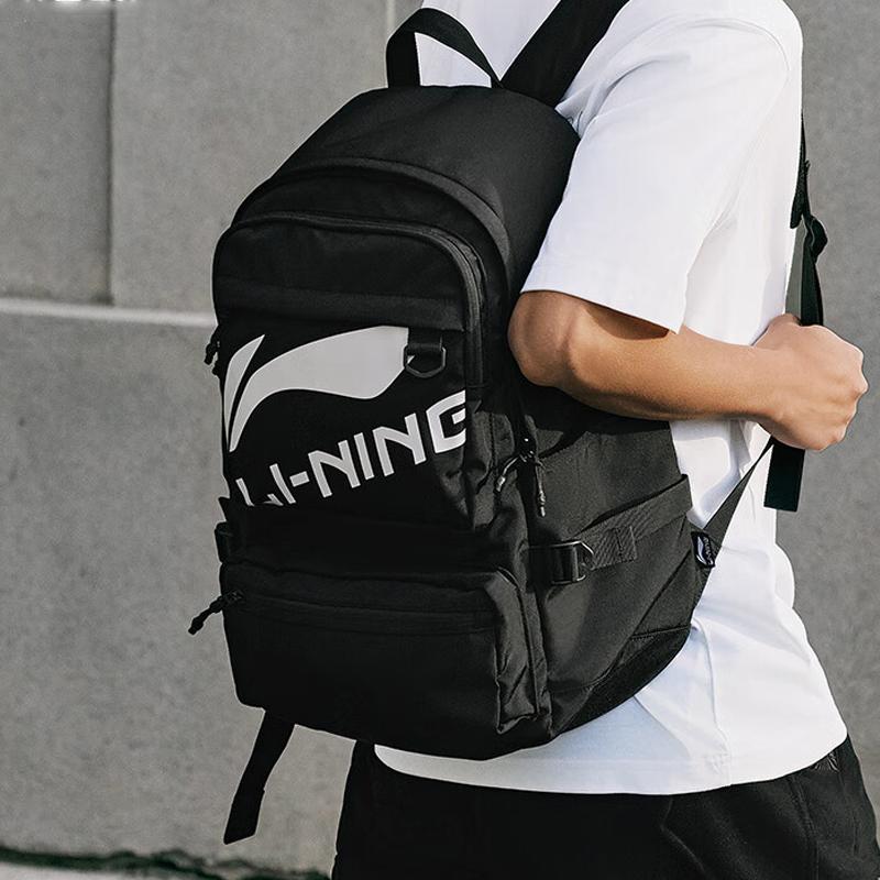Li Ning Sports Lifestyle Series Fashion Eco-Friendly Zipper Logo Print Polyester Sports Backpack Unisex Backpack Black ABSU181-1