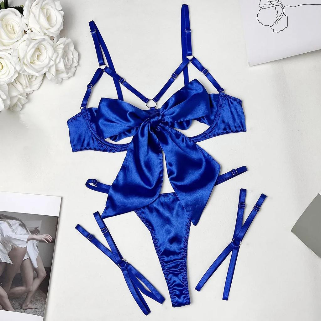 Yimunancy Satin Solid Sexy Lingerie Set Women 2-Piece Bra + Brief Underwear Set Erotic Intimates