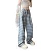 Women's Blue Check Wide-Leg Pants: High-Waist, Loose Fit, Summer Casual Design